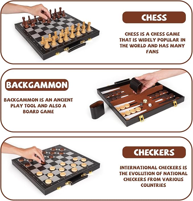 3 in 1 Magnetic Chess Set &amp Checkers Backgammon Board Game Set 15 Wooden Folding Chess Board Tournament Portable Travel Chess Set Beginner Chess Board Game for Adults &amp Kids