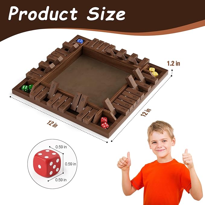 Shut The Box Game Wooden 1 2 3 4 Players Shut The Box Board Games with 8 Dice Math Addition and Pub Close The Box Game Wodden for Kids &amp Adults 12 Inch
