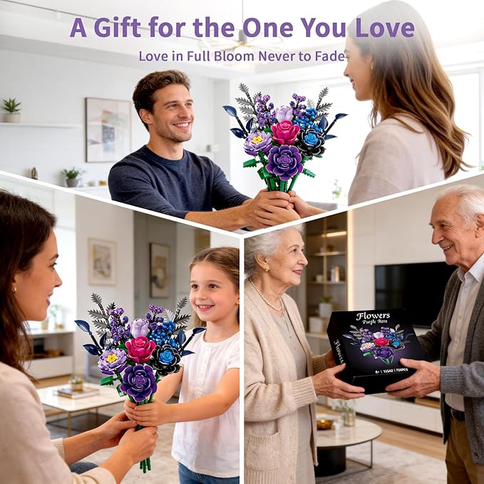 759 Pcs Purple Rose Flower Bouquet Building Set Botanical Collection Kit Artificial Fake Flowers Blocks Home Table Decor Aesthetic for Valentine's Day Birthday DIY Craft Floral Gift Without Vase