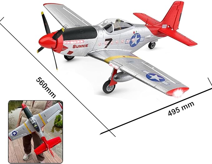 Large 560MM P51 P-51D Mustang Remote Control Combat Aircraft 4CH XK A280 3D/6G Aerobatic LED Brushless RC Aircraft Full-Function for Professional Players (1-Battery)