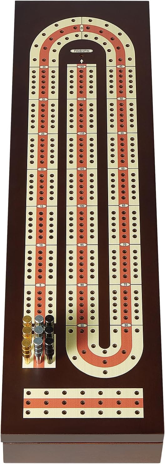 Cribbage Board Game Set Continuous 3 Track Wooden Board with Magnetic Lock 9 Metal Pegs 2 Playing Cards Large Storage Area Travel Portable Travel Cribbage Boards for Adult Child