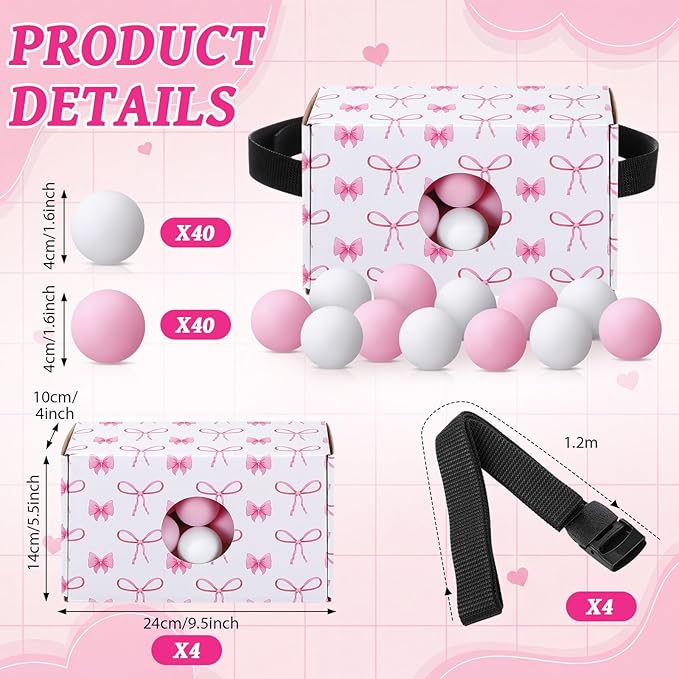Yaomiao 4 Pack Bachelorette Party Shaking Swing Balls Indoor Party Game Set Includes 4 Set Strap Shake Box and 80 Balls for Birthday Bachelorette Bridal Shower Table Tennis (Pink BowPink White)