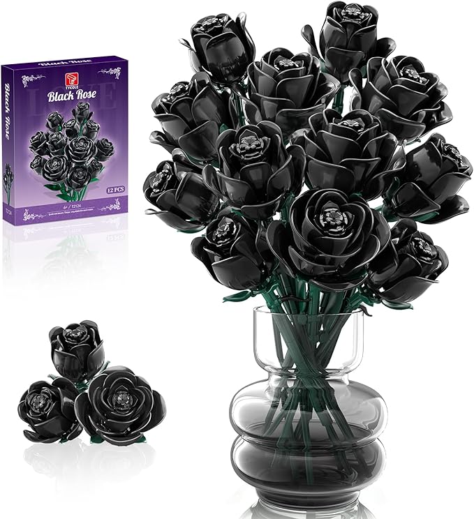 Black Roses Flowers Building Sets Artificial Bouquet Botanical Collection Building Blocks for Adults Gothic Home Decor Christmas Birthday Gift for Adults Women Girls Age 8-12 (512Pcs)