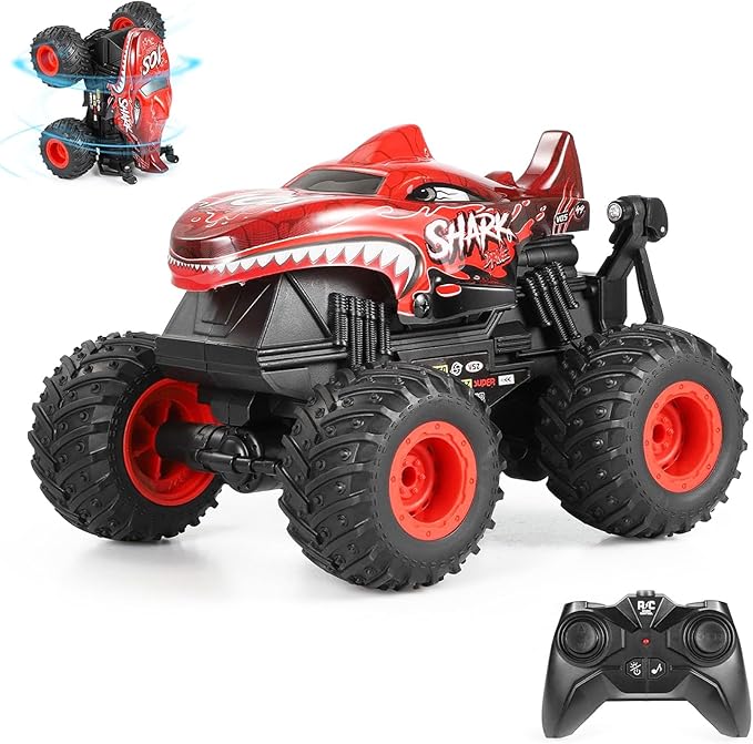 DYODYORC Remote Control Car 2.4Ghz All Terrain Shark Monster Truck Toys RC Truck with Music 3 Lighting Effects 360 Stunt Capable 2 Batteries Ready to Run Toy Gifts for Boys and Girls (Red)