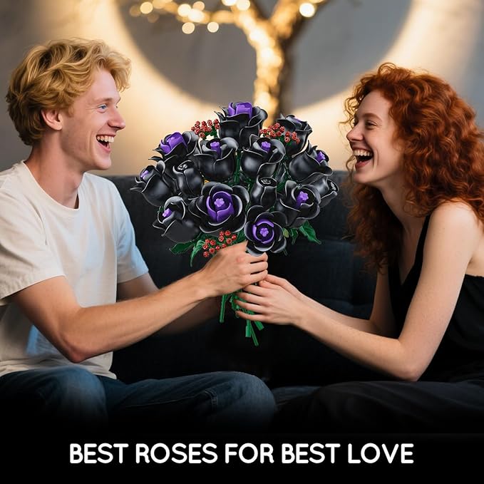 HOGOKIDS Flowers Bouquet Building Set - 15 Black Roses Botanical Collection Building Blocks Artificial Flower Toy 330PCS Gothic Home Decors Easter Gift for Her Girlfriend Wife Adults Teens Kids 8+