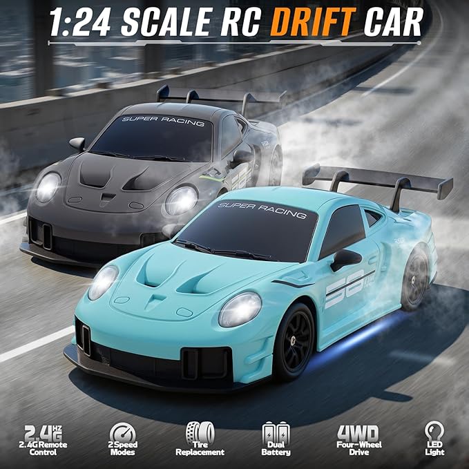 RC Drift Car 1:24 4WD Remote Control Cars Vehicle with LED Light2.4GHz 20KM/H High Speed RC Cars with Two Batteries &amp Drifting Tires Racing Sport Toy for Adults Boys Girls Kids Blue