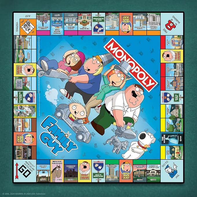 Monopoly: Family Guy Board Game Featuring Banana Brian Giant Chicken Rupert and More Buy Sell Trade Quahog’s Locations from McBurgertown to Wild West Ranch Officially Licensed Family Guy Game