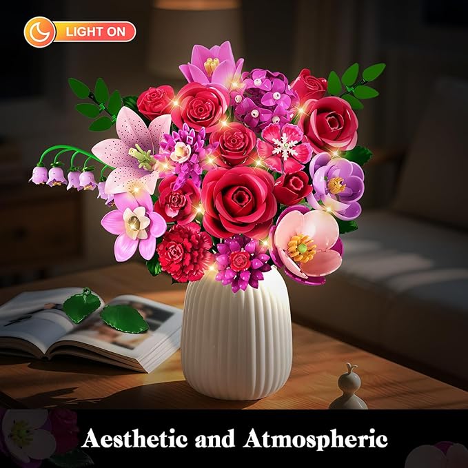 Flowers Bouquet Building Set with LED - 21 Rose Red Botanical Collection Kit for Adults Women Easter Gift for Her/Wife/Girlfriend/Mom 832 PCS Artificial Flower Plant for Home Decor