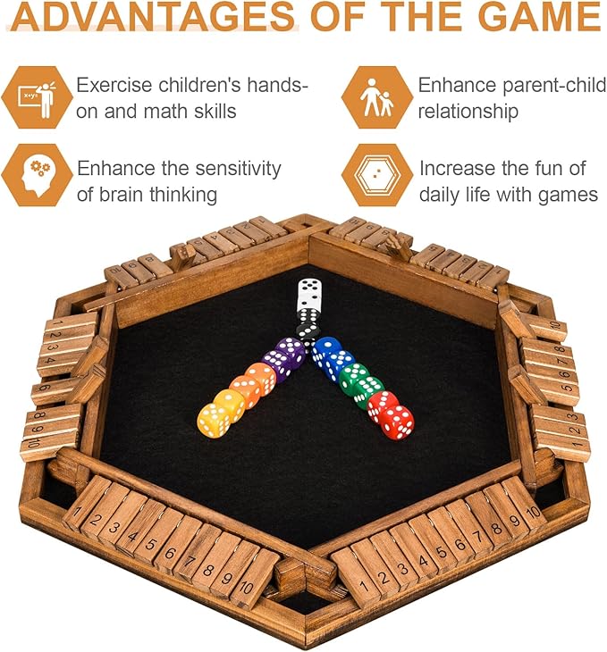 1-6 Players Shut The Box Dice Game Wooden Board Table Math Game for Kids Adult with 24 Dice Close The Box Game for Family Party Christmas Birthday