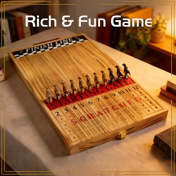 Horse Race Board Game Solid Wood Foldable Racing Board with 11 Metal Horses 2 Dice and 2 Boxes of Cards Portable Travel Game for Family Parties and Holiday Gatherings