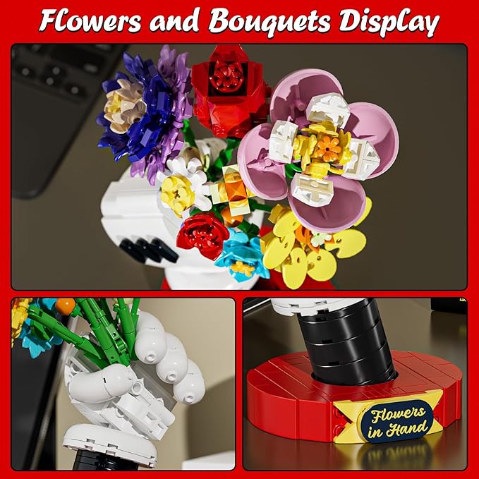 Flower Bouquet Building Set with Display Stand - Artificial Fake Plants Botanicals Flowers for Home Decor for Boys Girls Kids 6+ ＆ Valentines Day Gift for Adults