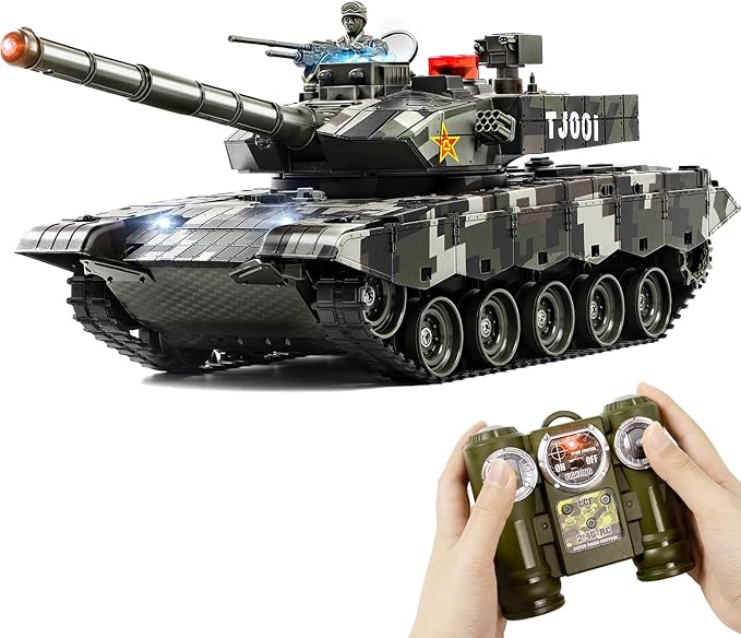 1/24 RC Tank 2.4Ghz Chinese 99 Remote Control Tank &amp 330°Turret Rotation. 2 × Rechargeable Batteries Infrared Battle Toy with Smoke LED Lights and Sound Effect Gift for Boys
