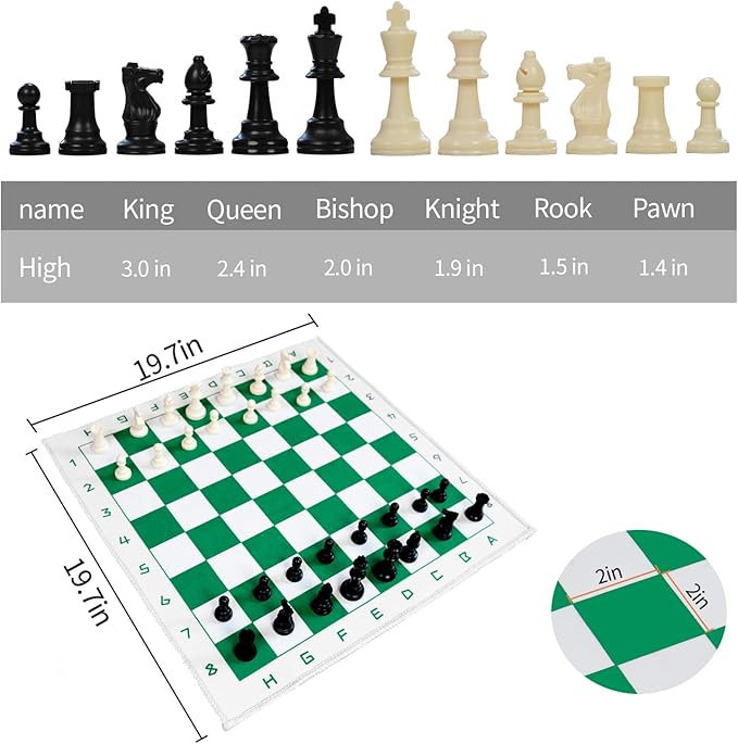 Chess Set with Green &amp White 19.7x19.7 Foldable Board 3 Non-Weighted Standard Pieces Portable Travel Chess Game for Kids &amp Beginners Classic Strategy Set with Storage Bag