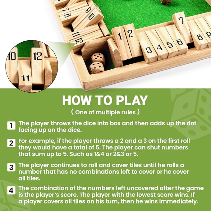 ropoda Shut The Box Game Upgraded 12 Numbers Wooden Board Games for Adult and Kids Shut The Box Dice Game -Addition Training Fun for Family Game Night