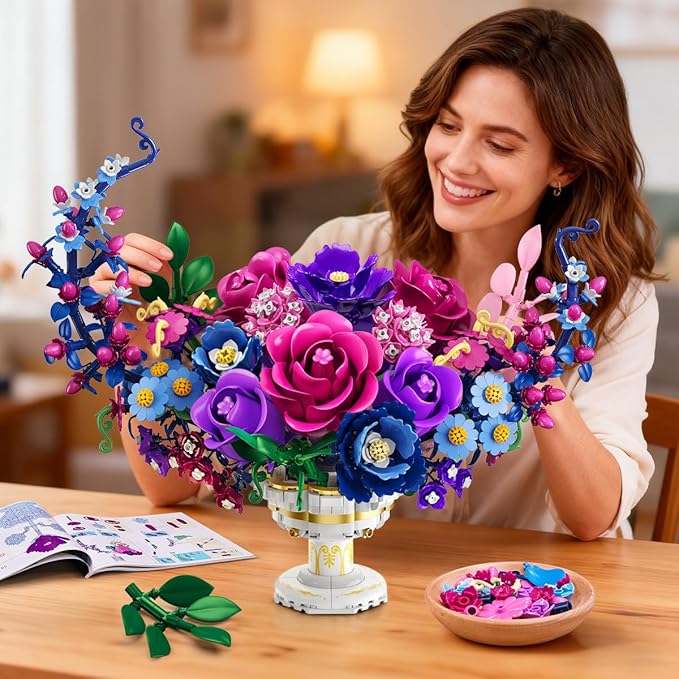 Moon Flower Bouquet Building Set with Lights Valentines Day Flowers Botanicals Building Block Kit 1274 PCS Bonsai Plant Collection Home Decor Gift for Her Adults Women Boys Girls 12+