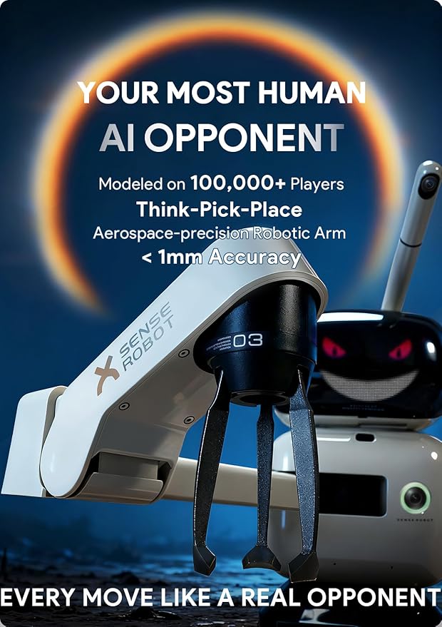 SenseRobot AI Chess Robot with Robotic Arm Electronic Chess Board for Kids &amp Adults 25 AI Levels 1200+ Exercises Voice Coaching Lichess Integration Wi-Fi OTA Updates