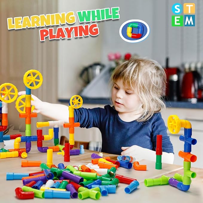 Ggiibro STEM Building Toy for Toddlers 106Pieces Tube Pipe ToyEducational Preschool Game for 3+ YearsLearning Building Blocks Play with Storage Box Gift KitMontessori Toys for Boys &amp Girls