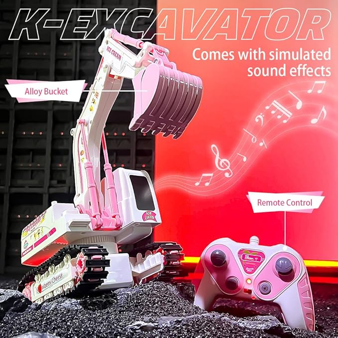 Pink RC Excavator 6 Channel 2.4Ghz RC Construction Vehicle1:24 Scale Pink Excavator Toy with 360° Rotation Light Sound and DIY Stickers Birthday Gift for Teens Adults (2 Battery)