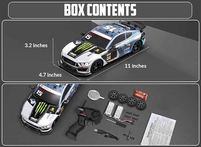 RACENT 1:16 RC Drift Car 2.4Ghz 4WD 18KM/H Remote Control Car with Spray Mist Racing and Drifting Wheels LED Light 2 Batteries Sport Model Toys Vehicle for Kids Boys Adults