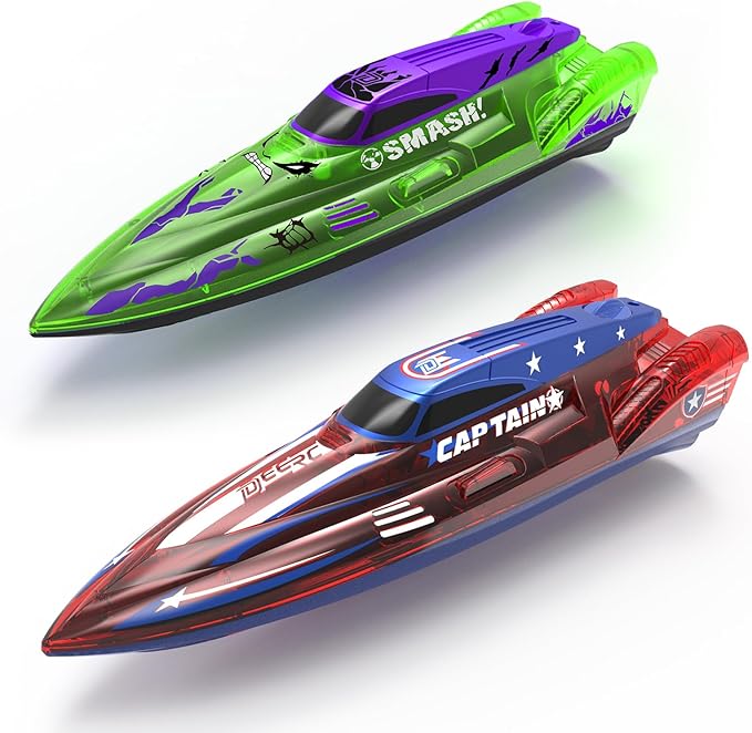 DEERC 2 Pack 13 inch Remote Control Boat for Kids 4 Batteries 2.4Ghz RC Racing Boat with LED Lights for Pools and Lakes Summer Water Toy Gift for Boys 8-12