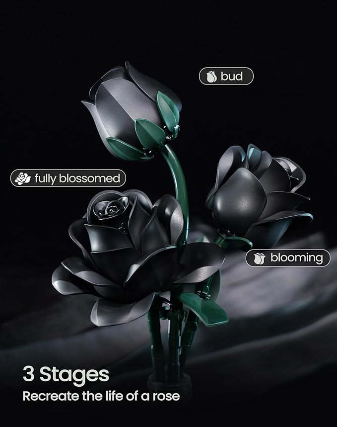 iATOM Black Rose Bouquet Building Set 12Pcs Flower Botanical Collection Kit for Adult Valentine's Day Gift for Her/Girlfriend/Mom/Wife/Couple Gothic Vintage Home Office Table Centerpiece Decor