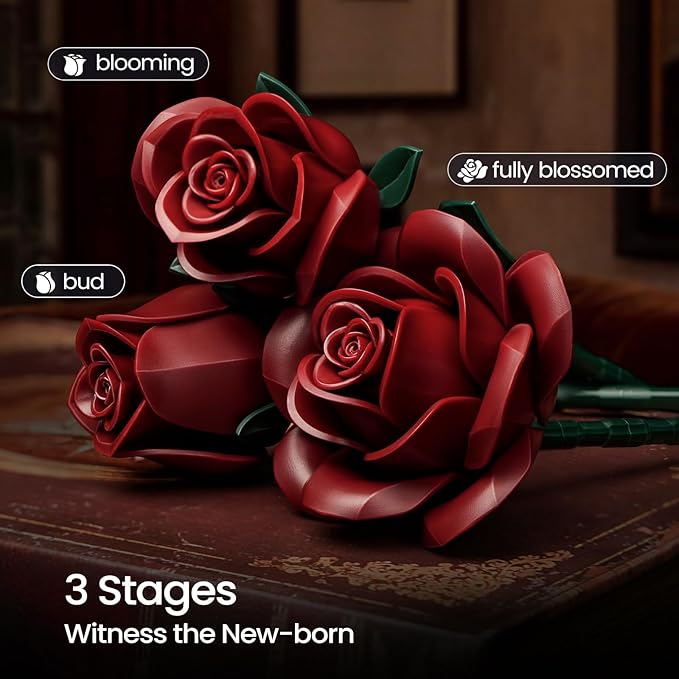 iATOM Burgundy Red Rose Bouquet Building Set 12Pcs Flower Botanical Collection Kit for Adult Valentine's Day Gift for Her/Girlfriend/Mom/Wife/Couple Vintage Home Office Table Centerpiece Decor