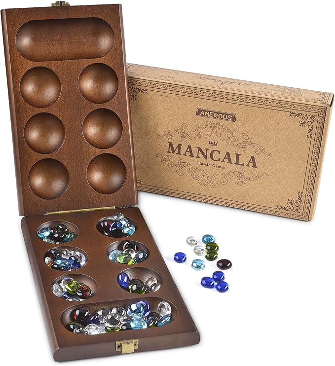 AMEROUS Wooden Mancala Board Game Set with 72+8 Bonus Multi Color Glass Stones - Folding Board - Mancala Instructions Classic Family Board Game for Kids Adults Tabletop Version