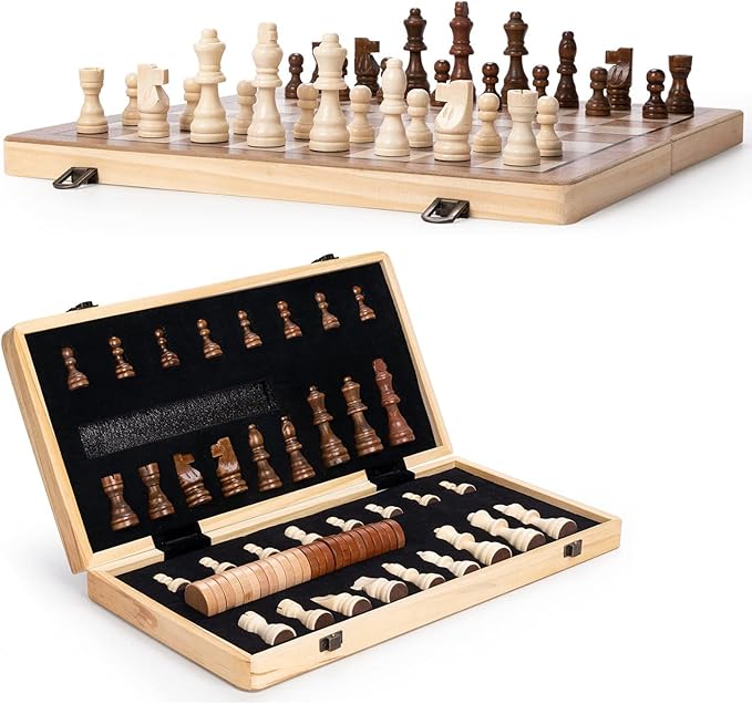 15 Wooden Chess Set | Folding Board 2 Extra Queens | Magnetic Chess Board Set for Adults &amp Kids Pieces Storage Slots Checkers Game for Kids Portable Travel Chess Game for Beginner