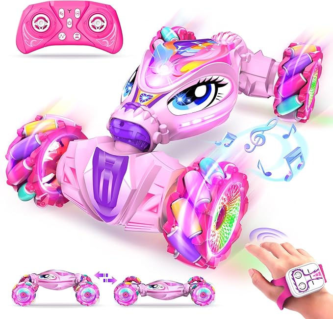 Unicorn Remote Control Car for Girls Age 6-8-12 Pink RC Gesture Sensing Stunt Cars 2.4Ghz 4WD RC Cars Hand Controlled Remote Control Twist Car with Light &amp Music Gift for Kids Age 6 7 8 9 10 11