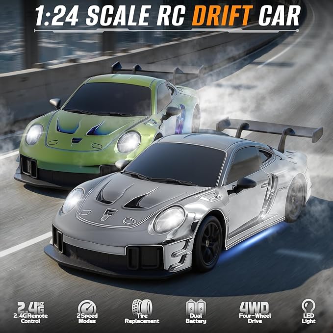 RC Drift Car 1:24 4WD Remote Control Cars Vehicle with LED Light2.4GHz 20KM/H High Speed RC Cars with Two Batteries &amp Drifting Tires Racing Sport Toy for Adults Boys Girls Kids Silve