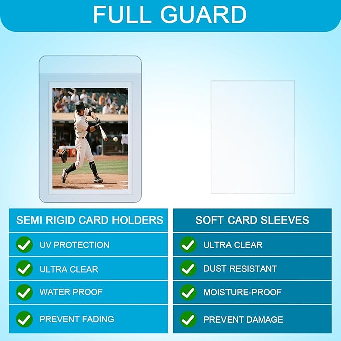 400ct Card Protectors - 200 Semi Rigid Card Sleeves and 200 Soft Sleeves Semi Rigid Card Holder Semi Rigid Baseball Cards Sleeves Protectors Graded Trading Cards Sleeve