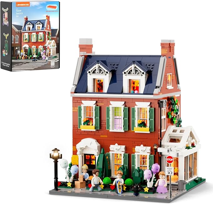 Redbrick Row House Lighting Building Bricks Set - City Town LED Light Modular Construction Model Collection Display Kit with Minifigures 2663 Pcs for Adults &amp Teens