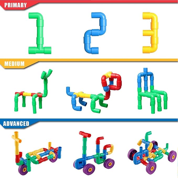 ZOZOPLAY STEM Learning Toy Tubular Pipes &amp Spouts &amp Joints 64 Piece Build Bicycle Tank Scootie Moter Skills Endless Designs Educational Building Blocks Set for Kid Ages 3+ Multicolor