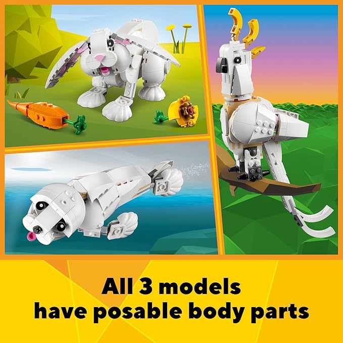 LEGO Creator 3 in 1 White Rabbit Animal Toy Building Set STEM Toy for Kids 8+ Transforms from Bunny to Seal to Parrot Figures Creative Play Building Toy for Boys and Girls 31133