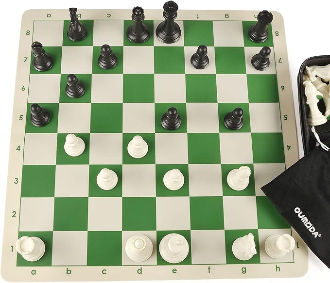 4 King Tournament Chess Set Foldable 20 Silicone Chess Board Mat with 2.2 Squares Green Color Weighted Chess Pieces- 2 Extra Queens Carrying Case for Storage and Travel