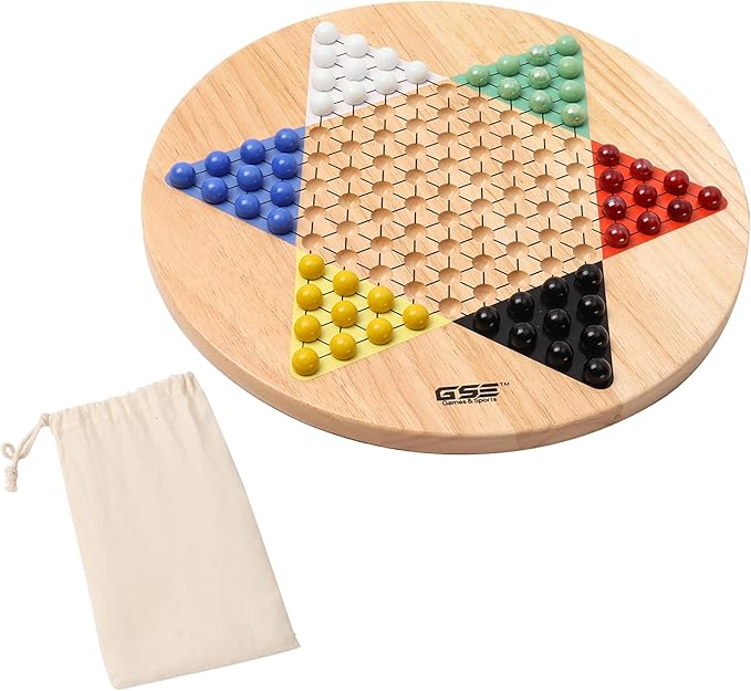 GSE Games &amp Sports Expert 15 Jumbo Oak Wood Chinese Checkers Board Game Set with Colorful Glass Marbles Classic Strategy Family Board Game for Adults