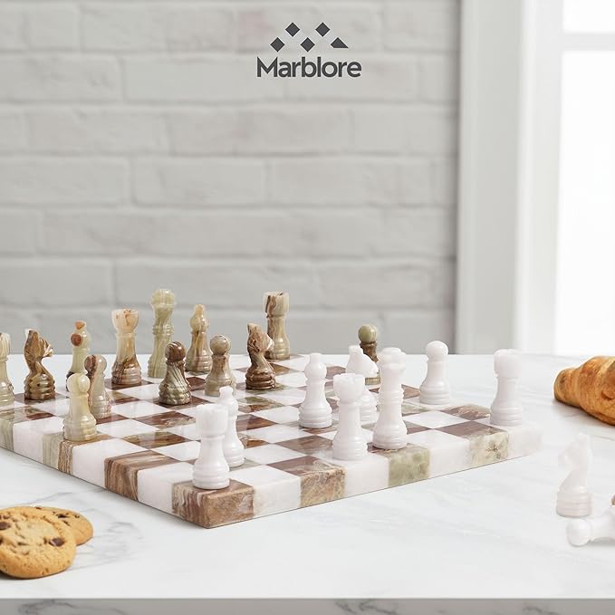 Marble Chess Set 10 Inch White &amp Green Travel Chess Board with 32 Pieces &amp 2 Extra Queens Handcrafted Classic 2 Player Chess Game for Adults
