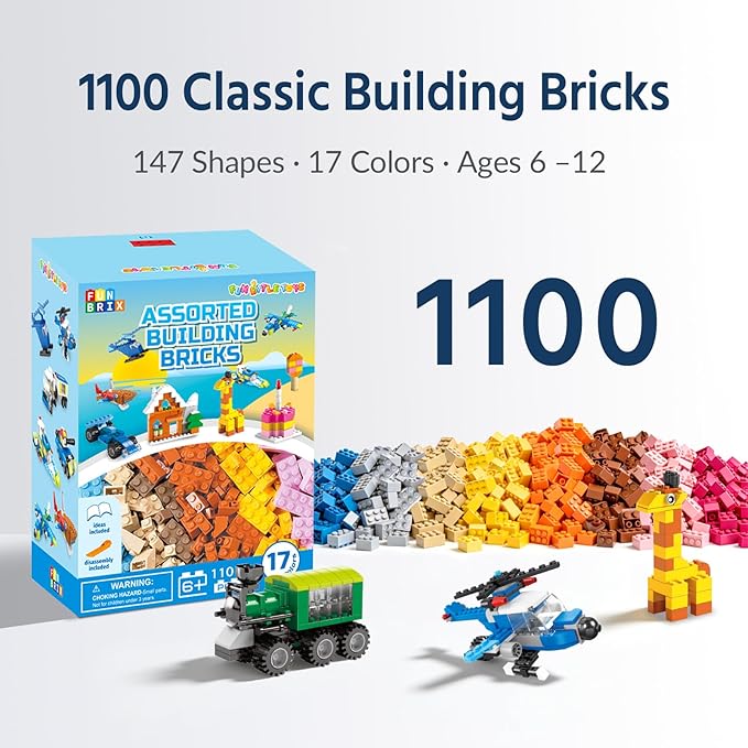FUN LITTLE TOYS 1100 PCS Building Blocks for Kids 6-12 Creative Bulk Building Bricks Set for Open-Ended Play 147 Shapes 17 Colors Value Pack Compatible with Standard Baseplates