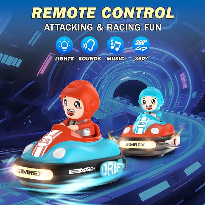 SIMREX Remote Control Bumper Cars for Kids - 2 Player Battle Set with Lights &amp Music Toy RC Car for Toddlers Boys Girls Ages 3-8 Christmas Birthday Gift for Boys Girls