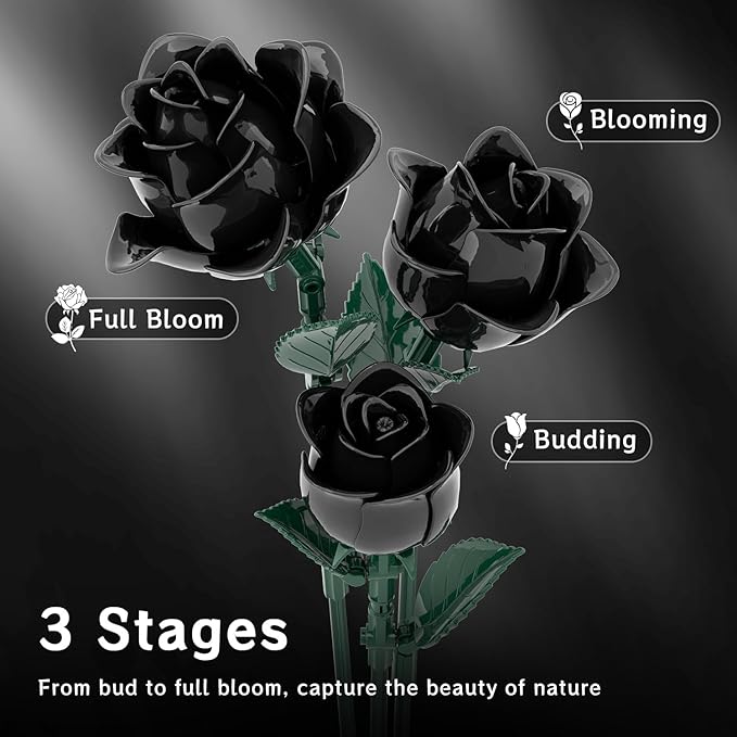 Black Roses Bouquet Building Set Artificial Flowers Botanical Collection Building Block for Adults Gothic Home Decor for Women Girls Compatible with Lego Flowers 585 PCS