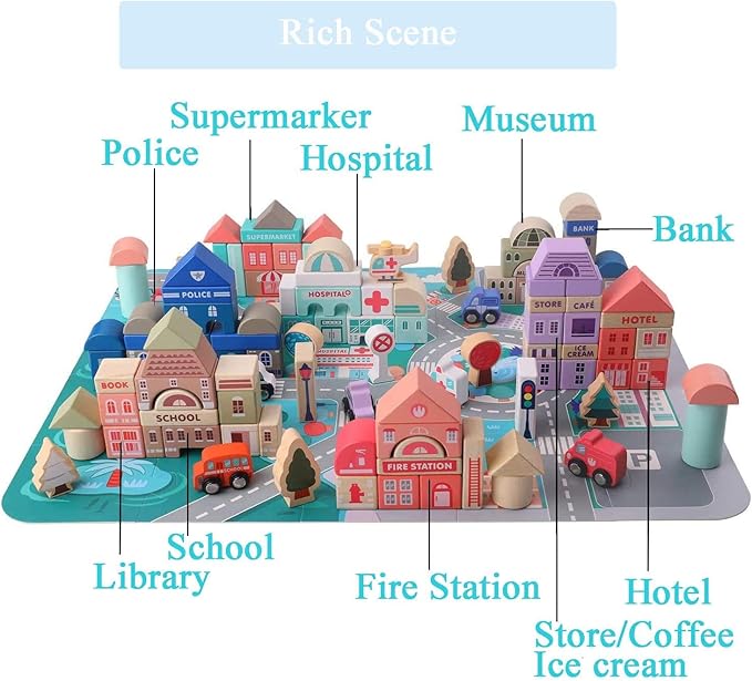 115 Pcs Wooden Building Blocks Toy Set for Kids City Construction Stacker Stacking Preschool Learning Educational Toys Gifts for 3+ Boy Girl Toddler