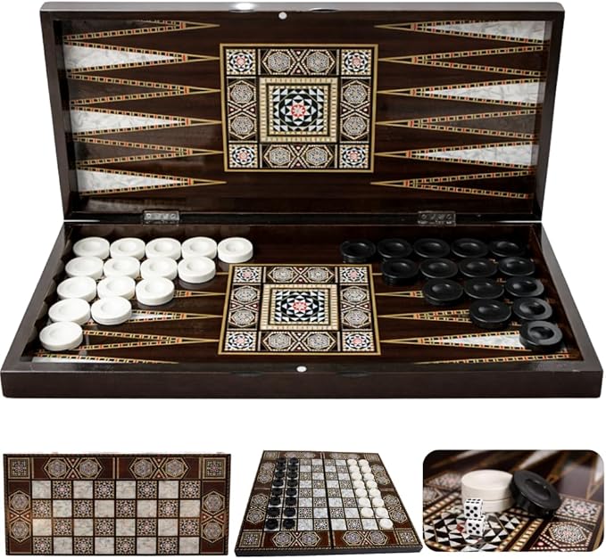 Park&ampOz Pearl Premium Turkish Backgammon and Checkers Set 19 Inch Handmade 2 in 1 Wooden Board Game with Glossy Finish Luxury Checkers and Dice Travel Friendly and Foldable