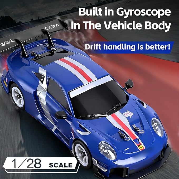 Wltoys 284019-A RC Drift Car 1:28 Scale 30KM/H High Speed RC Drift Car with LED Lights Gyroscope and Professional Chassis 2.4GHz 4WD RTR Rally Cars for Teens Adults (Blue)