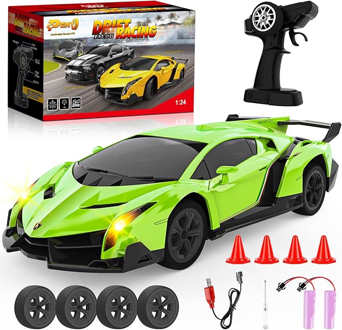 1:24 Lamborghini RC Cars - Dift Cars Licensed Lambo Remote Control Car with Dift Tyles &amp Road Blocks 2.4GHz Fast Speed Toy Car Christmas Toys GIFS for Kids Age 5+ Years Old (Green)
