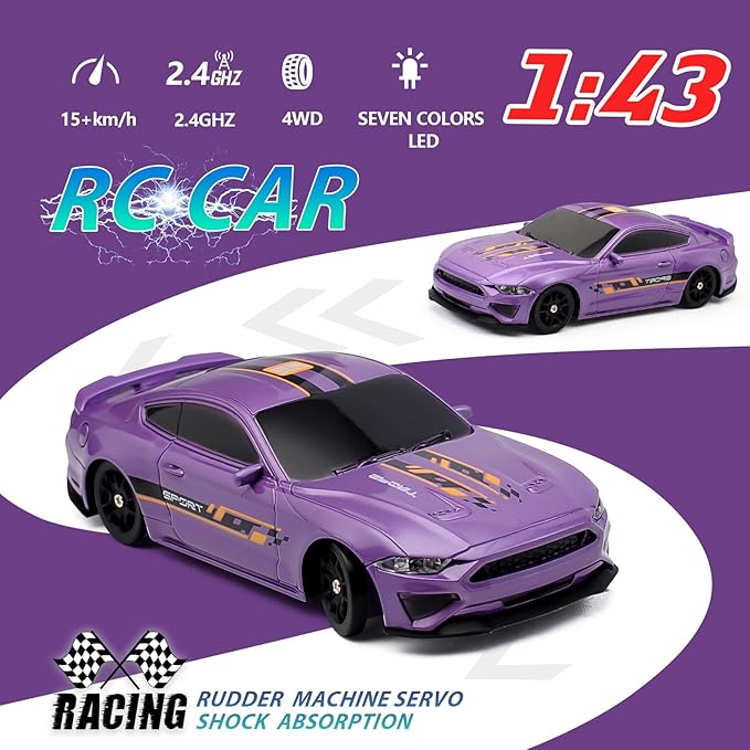 1:43 Scale Mini Racing Drift Car Model2.4GHz Remote Control Car 4WD High Speed Race with LightsRacing TiresRC Toys Hobbyist Gift for Adults Kids Boys Girls (Purple)
