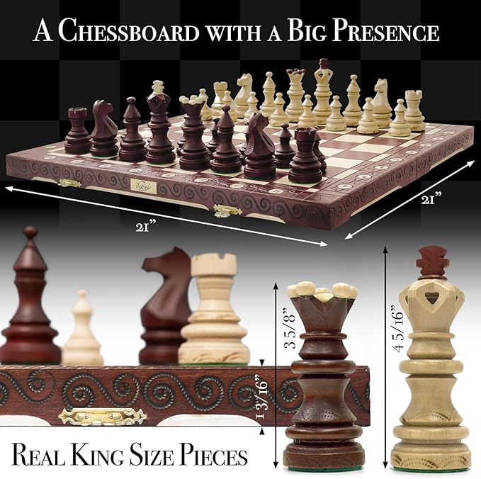 Wegiel Imperator 21-Inch Luxury Wooden Chess Set for Adults and Kids - Handcrafted from Premium Beech and Birch Wood - Unique Folding Design with Chess Piece Storage BrownImperator - Brown