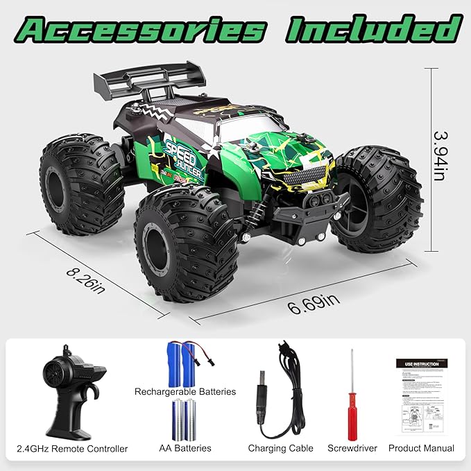 Remote Control Car RC Cars All Terrain Monster Truck Outdoor 2WD Off Road Hobby RC Truck with 2 Rechargeable Batteries and Colorful Light 20Km/h Fast RC Car Toys Gift for Kids Boys
