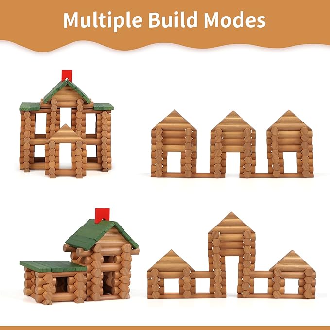 Wondertoys 328 Pcs Wooden Logs Set Ages 3+ Classic Building Log Toys for Kids Creative Construction Engineering Educational Gifts