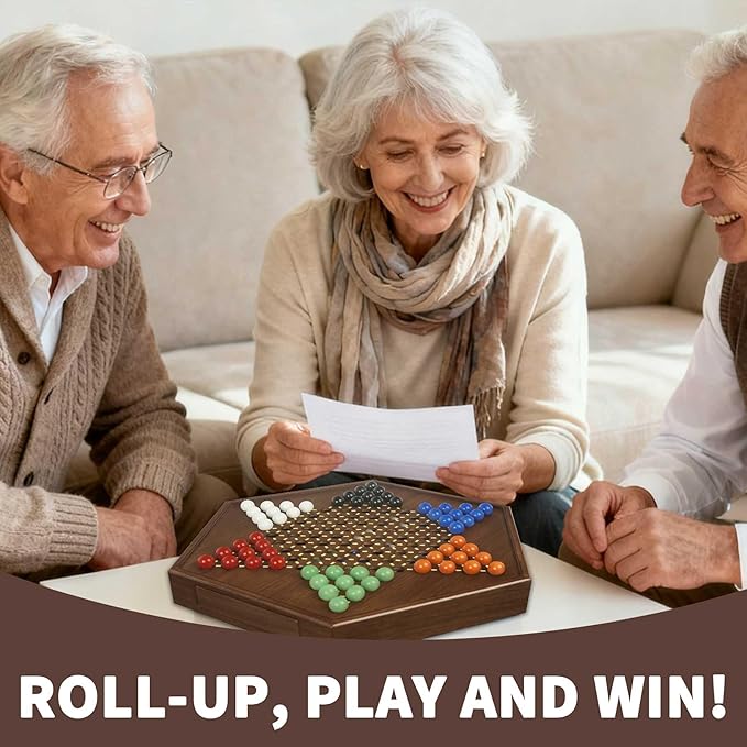Chinese Checkers Board Game - 15” Large Wooden Checkers Game with Storage Drawer 16mm Glass Marbles (60 + 12 Extras) Classic Family Strategy Game for 2-6 Players