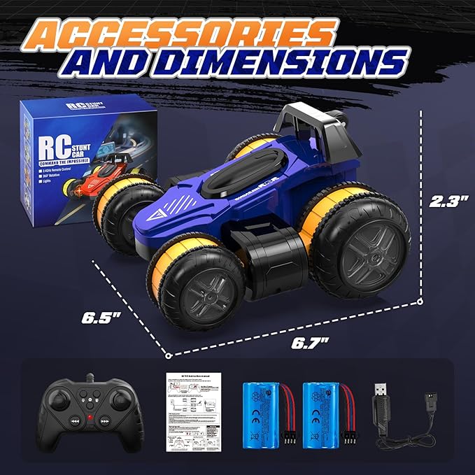 RC Stunt High Speed Remote Control Car 25km/h 360°Rotating RC Drift Car with Lights Blue 2.4 GHz Upright Walking 4WD Toy Cars for Kids Age 4-8 8-16 Boys Girls Christmas Birthday Gifts
